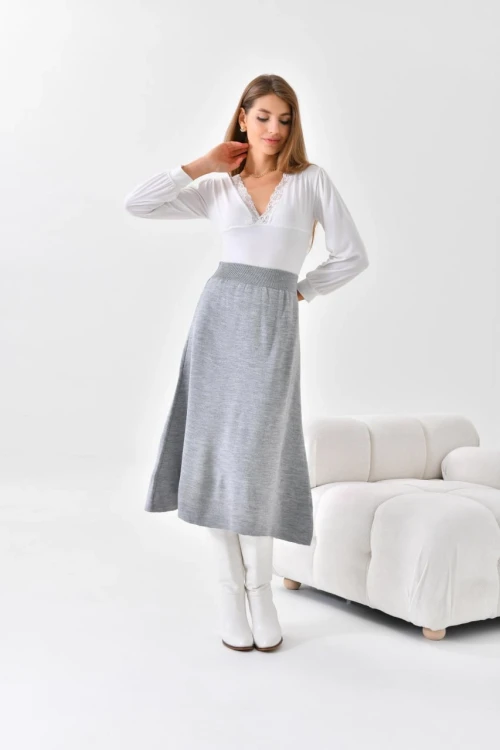 Kadın Yırtmaçsız Midi Boy Triko etek - Kadın Etek Yırtmaçsız Midi boy Triko Etek Gri - 10355