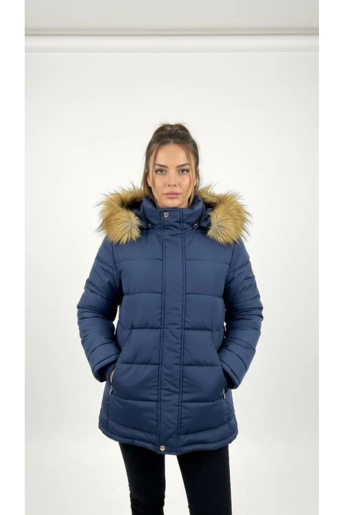 Kadın Çıkarılabilen Kürklü Kapşonlu Mavi Şişme Mont M011