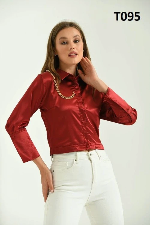 Kadın Gömlek Omuzdan Zincirli Saten Gömlek Bordo - T095