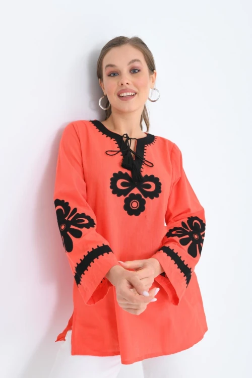 Kadın Bluz Desenli V Yaka Bağlamalı Kadın Bluz Nar - 23100