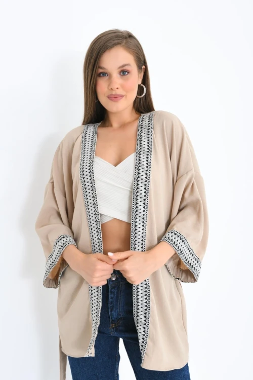 Kadın Kimono Yaka Desenli Kimono Kadın Ceket Bej - 23126