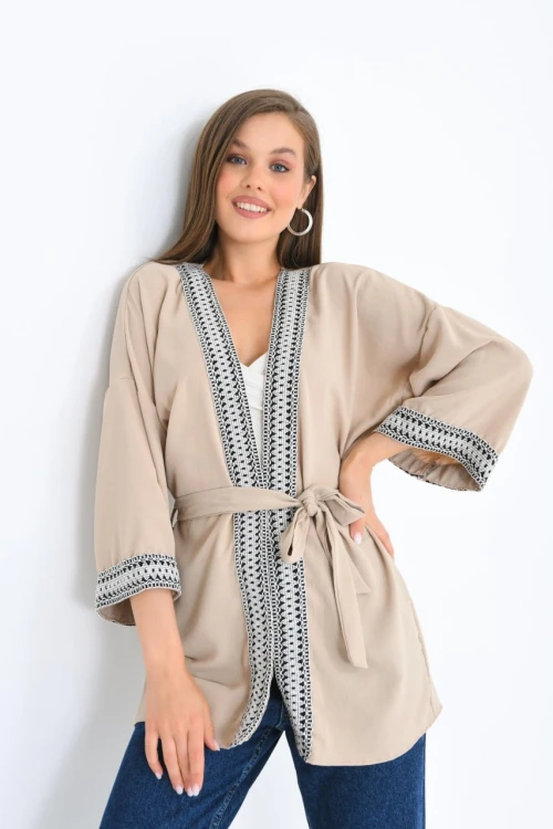 Kadın Kimono Yaka Desenli Kimono Kadın Ceket Bej - 23126