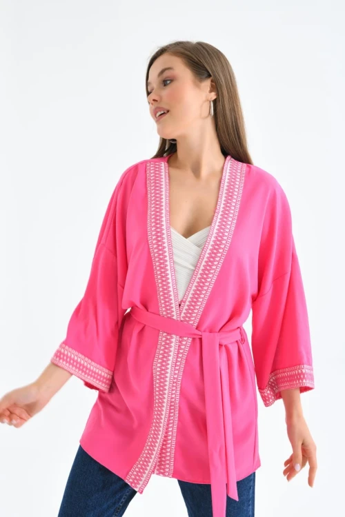 Kadın Kimono Yaka Desenli Kimono Kadın Ceket Fuşya - 23126