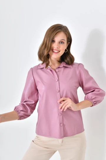 Kadın Deri Gömlek Kol Ucu Lastikli Düğmeli Cepsiz Deri Gömlek Pudra - 10059