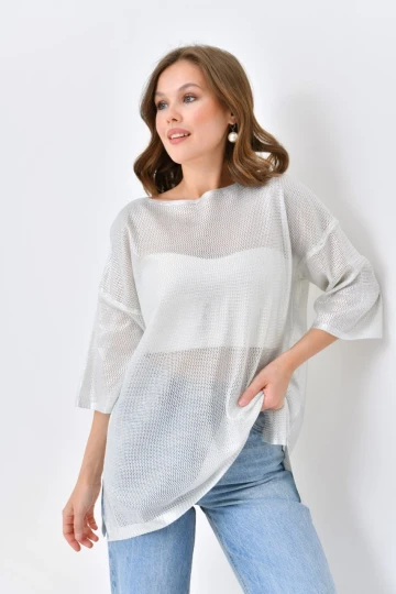 Kadın Kazak Bisiklet Yaka Kısa Kollu Delikli Kadın Kazak Kemik - 10763