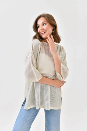 Kadın Kazak Bisiklet Yaka Kısa Kollu Delikli Kadın Kazak Taş - 10763