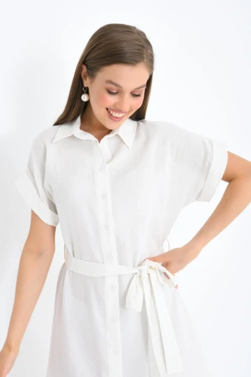 23109 KEMİK YAKALI BOYDAN DÜĞMELİ KISA KOLLU ASTARSIZ DİZ ALTI ELBİSE