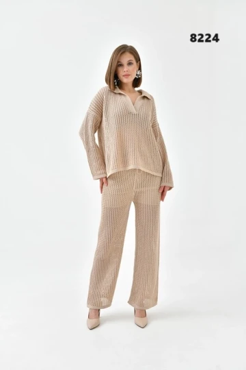 8224 TAŞ YAKALI UZUN KOLLU DELİKLİ DESENLİ PANTOLONLU TAKIM