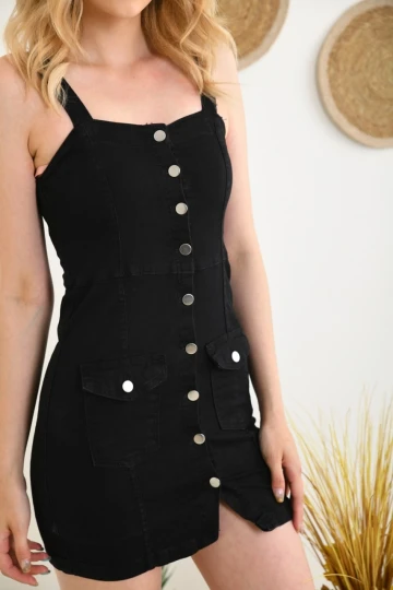 DEM035 SİYAH ASKILI DÜĞMELİ CEPLİ DAR KESİM MİNİ ELBİSE