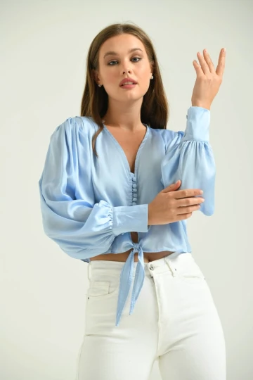 Kadın Gömlek Balon Kol Belden Bağlamalı Kadın Gömlek Mavi - T030