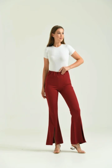 Kadın Pantolon  Paça Detaylı Toparlayıcı Yüksel Bel Kumaş Pantolon Bordo - T111