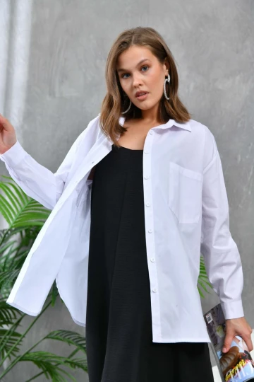 Kadın Gömlek Çift Cepli Uzun Kollu Gömlek Ekru- 21012