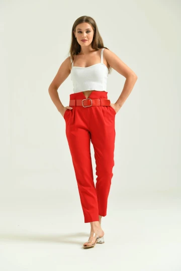 Kadın Pantolon Yüksel Bel Kemer Detay Havuç Pantolon Kırmızı - T016