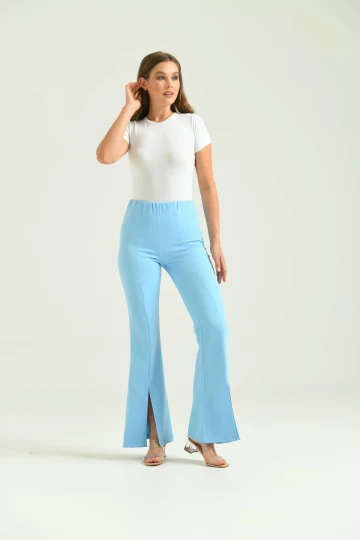 Kadın Pantolon  Paça Detaylı Toparlayıcı Yüksel Bel Kumaş Pantolon Mavi - T111
