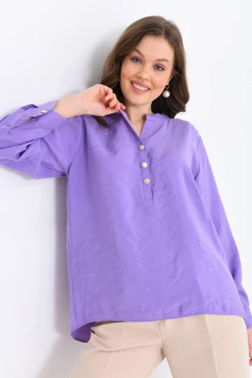 Kadın Gömlek Hakim Yaka Önü Kısa Arkası Uzun Apoletli Yarım Düğmeli Gömlek Lila - 23073