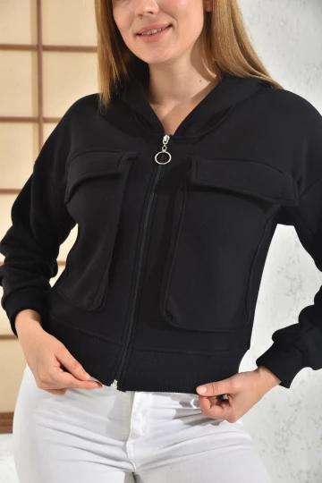 Kadın Ceket Çift Cepli Bel Boy Fermuarlı Şardonlu Ceket Siyah - D005