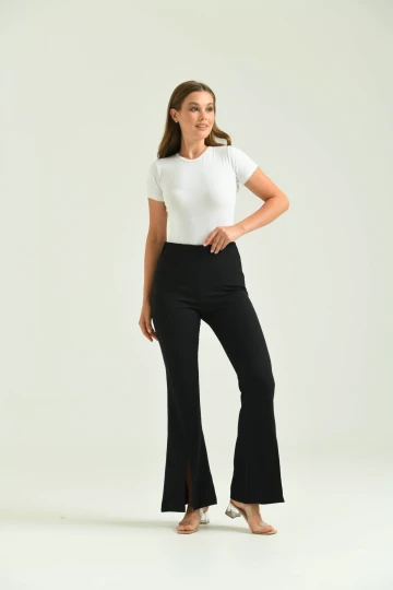 Kadın Pantolon  Paça Detaylı Toparlayıcı Yüksel Bel Kumaş Pantolon Siyah - T111