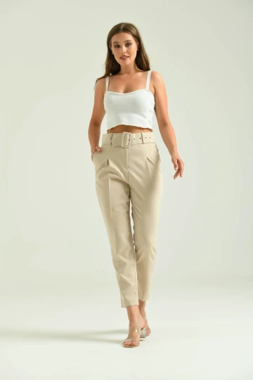 Kadın Pantolon Kemer Detaylı Basic Kadın Pantolon Bej - T018