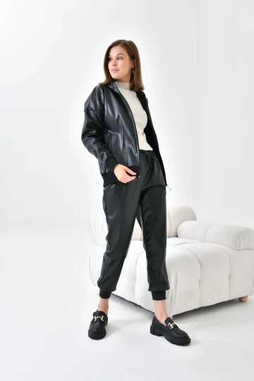 Kadın Deri Mont İçi Dokuma Kapişonlu Fermuarlı Kadın Ceket Mont Siyah - N003