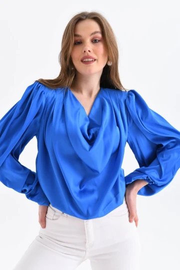 Kadın Gömlek Degaje Yaka Dökümlü Saten Gömlek Kadın Gömlek Saks - 33026