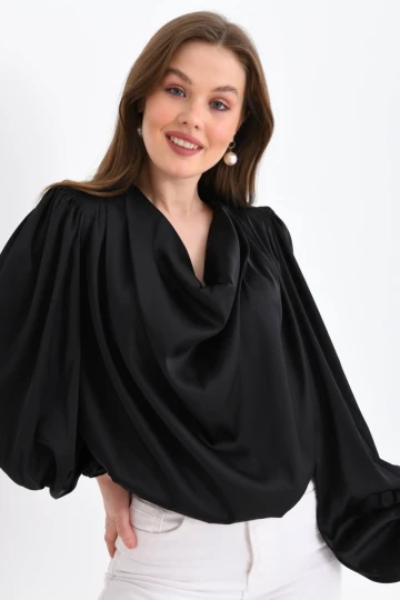 Kadın Gömlek Degaje Yaka Dökümlü Saten Gömlek Kadın Gömlek Siyah - 33026