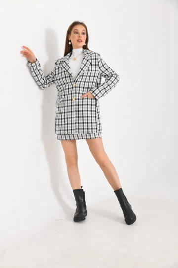 Kadın Blazer Ceket Ekose Desen Uzun Blazer Ceket Beyaz - KRN029