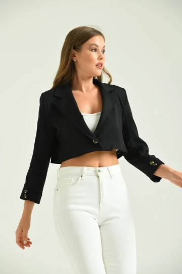 Kadın Blazer Ceket Tek Düğmeli Vatka Detaylı Kol Katlamalı Kadın Blazer Ceket Siyah - T032