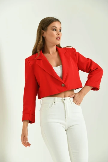 Kadın Blazer Ceket Tek Düğmeli Vatka Detaylı Kol Katlamalı Kadın Blazer Ceket Kırmızı - T032