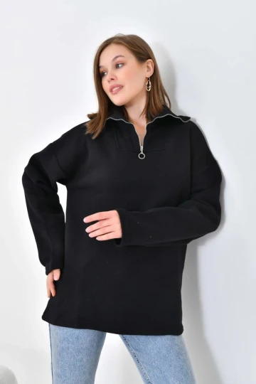 Kadın Sweat Boyunlu ve Yakası Fermuarlı Şardonlu Sweat Siyah - D007