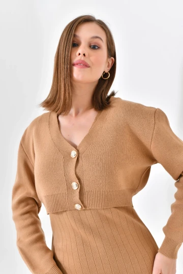 Kadın Ceket Askılı Elbise Triko Takım Camel - 8009