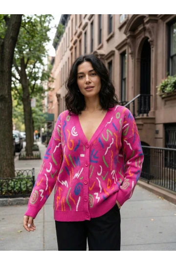 Kadın Ceket Renkli Desenli V Yaka Düğmeli Kadın Ceket