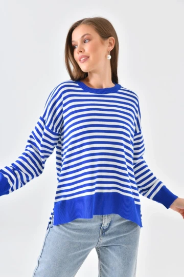 Kadın Kazak Çizgili Yuvarlak Yaka İnce Kazak Saks - 10147