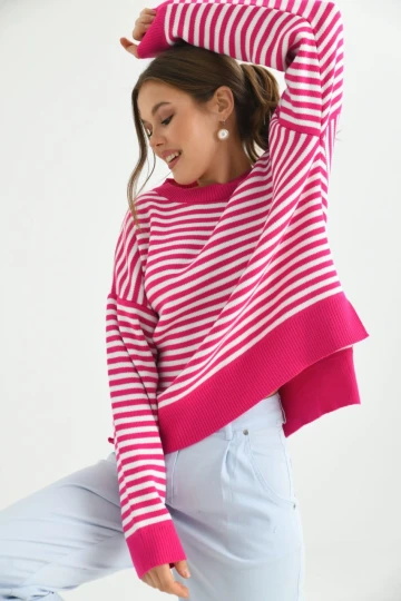 Kadın Kazak Çizgili Yuvarlak Yaka Kazak Fuşya - 224520