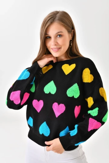 Kadın Kazak Çok Renkli Kalpli Kazak Kadın Kazak