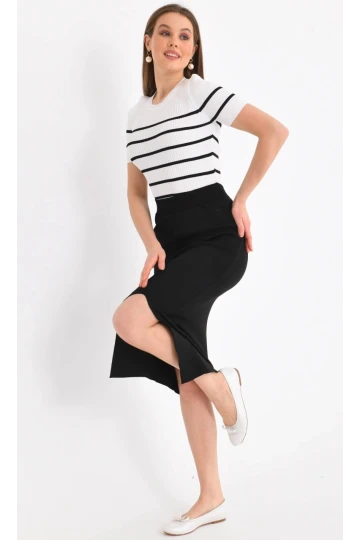 Kadın Etek Bel Lastikli Ön Yırtmaçlı Maksi Boy Düz Etek Siyah - 10049