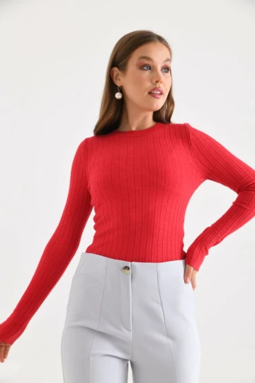 Kadın Fitilli Yuvarlak Yaka İnce Kazak