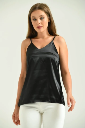 Kadın Atlet İp Askılı Saten Atlet Siyah - T091