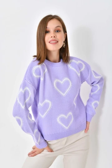 Kadın Kazak Kalp Desenli Yuvarlak Yaka Kazak Lila - 8103