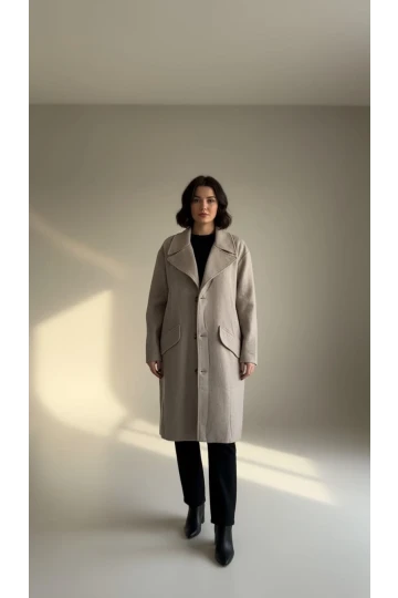 Kadın Kaşe Kaban Cep Görünümlü Uzun Kaşe Kaban