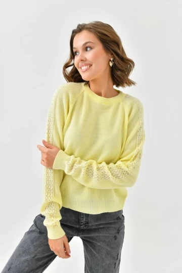 Kadın Kazak Kolları Delikli İnce Triko Kazak Sarı - 10616