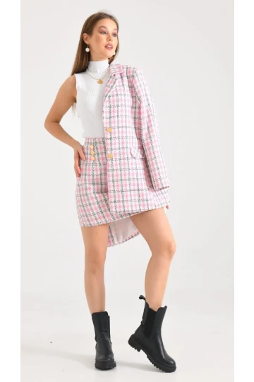 Kadın Kısa Etek Ekose Desen Pembe - KRN029E