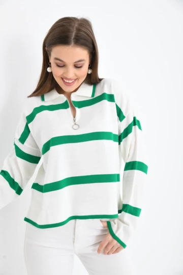 Kadın Kazak Polo Yaka Fermuarlı Kazak B.Yeşil - 10118