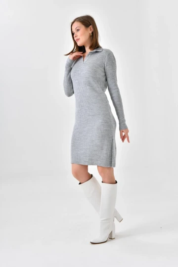 Kadın Elbise Polo Yaka Triko Elbise Gri - 10542
