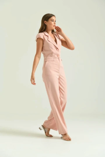 Kadın Tulum Elbise Ceket Yaka Kumaş Tulum Elbise Pudra - T106