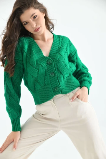 Kadın Ceket Triko Düğmeli V Yaka Ceket Yeşil - 215006