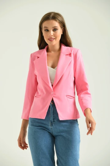 Kadın Blazer Ceket Bel Boy Vatkalı Tek Düğmeli Blazer Pembe - T026