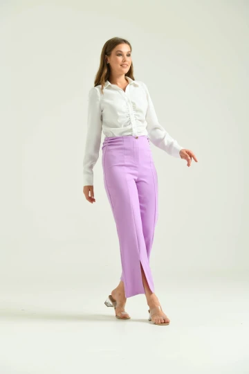 Kadın Pantolon Yan Büzgülü Paça Yırtmaçlı Kumaş Pantolon Lila - T033