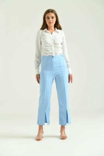 Kadın Pantolon Yan Büzgülü Paça Yırtmaçlı Kumaş Pantolon Mavi - T033