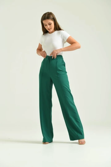 Kadın Pantolon Geniş Paça Likralı Cepli Düğmeli Kadın Pantolon Zümrüt - T019