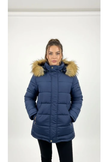 Kadın Çıkarılabilen Kürklü Kapşonlu Mavi Şişme Mont M011